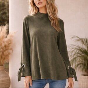 Chico's Sz 2 Faux Suede Microfiber Olive Green Tie Sleeve Tunic Blouse Top Shirt